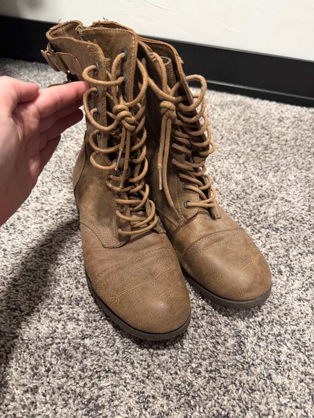 Rampage Tan Lace-Up Combat Boots with Buckle Straps - Picture 2 of 3